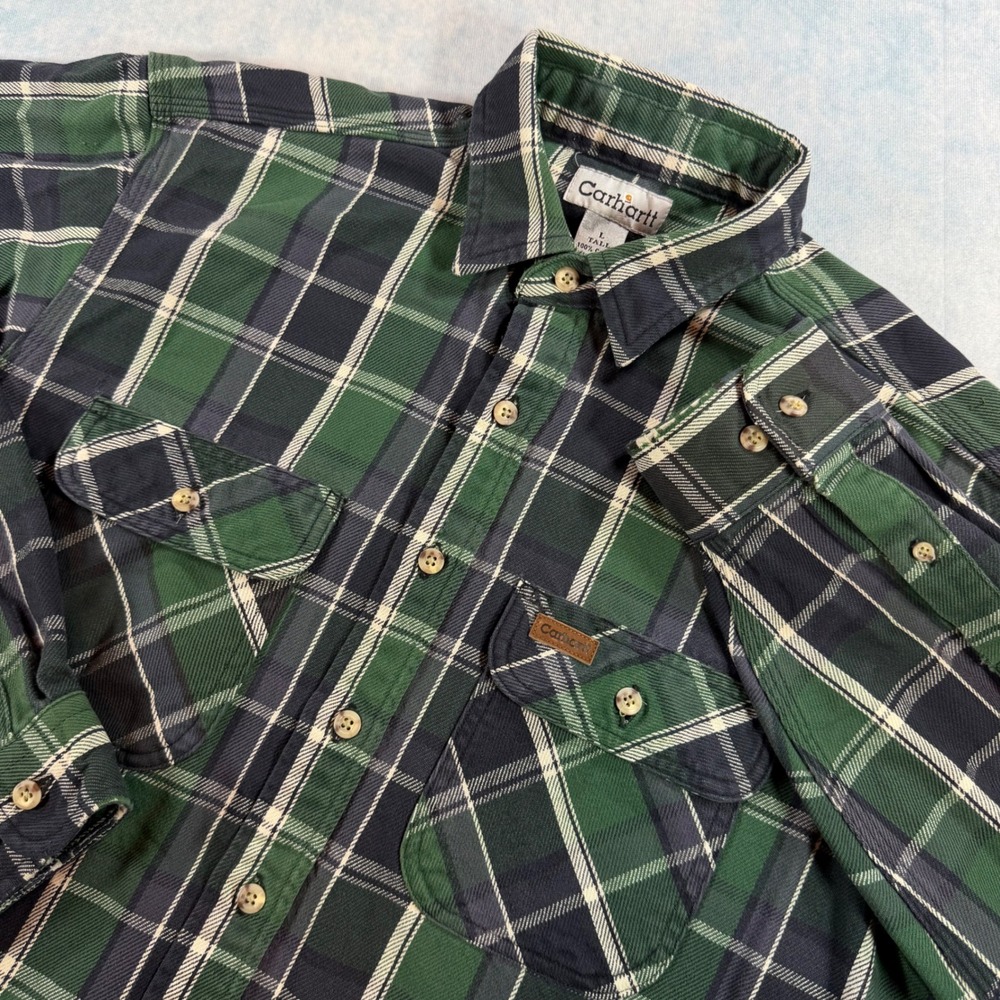 Carhartt Flannel Shirt Mens L Tall Green Fair Plaid Cotton Workwear S95FRT
